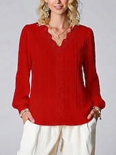 cheap Plain tee-Women's Elegant T Shirt Lace Splicing Top Lace Patchwork Solid Color Elegant Stylish Basic Long Sleeve V Neck Regular Tops Daily Going out Weekend White Red Purple Orange Green Summer Spring Fall