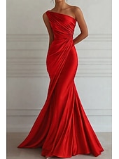 abordables Vestidos de Noche Sirena-Corte Trompeta Sirena Hasta el Suelo Vestidos de noche Elegante Sin Mangas Un Hombro Boda Formal Vestido rosa Satén elástico con Plisado