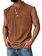 Vintage-Tanktop für Herren, 100 % Baumwolle, Acid-Wash-Optik, ärmelloses Unterhemd, Henley-Shirt, schlichtes Sommer-Design, Basic-Tasche, Knöpfe, Urlaub, Streetwear, schwarzes T-Shirt für Herren