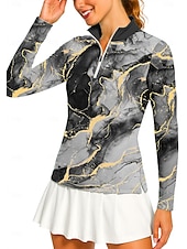 preiswerte Damenbluse-Damen Marmor Golf-Poloshirt Tennis Shirt Tennis-T-Shirt Langarm Druck Viertel Postleitzahl Pullover UV Schutz Elastisch Atmungsaktiv Volleyball Tennis Golfspiel Stehkragen Reißverschlusskragen Hemd
