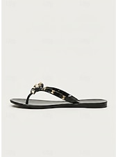billige Sklisandaler-svarte sløyfeflip-flops med pigg for kvinner – elegante strandsandaler med komfortabel flat såle for sommerbruk