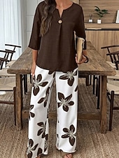 abordables Trajes de blusa para mujer-Women's Two Piece Sets Pants Sets 3/4 Length Sleeve V Neck Floral Graphic Print Daily Stylish Casual Daily Vacation Blue Purple Orange Summer Regular Fit