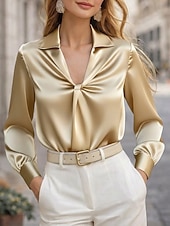 abordables Blusas Sencillas-Mujer Top de satén Blusa Tops de Seda Frunce Plano Elegante Diario Casual Manga Larga Escote en Pico Cuello Camisero Tops regulares Diario Negro Blanco Azul cielo Púrpula Claro Albaricoque Primavera