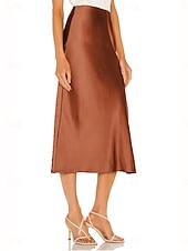 economico Gonne Formali-Per donna Gonne in raso Elegante Moda Midi Vita Alta Gonne Semplice Con Spacco Micro-elastico Feste Data Nero Champagne Marrone Verde Estate
