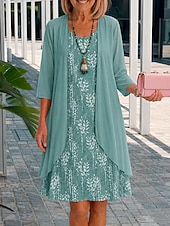 cheap Floral Dress-Women's Dress Set A Line Dress Elegant Vacation Floral Graphic Layered Print Midi Dress 3/4 Length Sleeve Crew Neck Daily Blue Orange Summer Spring Regular Fit