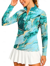 preiswerte Damenbluse-Damen Marmor Golf-Poloshirt Tennis Shirt Tennis-T-Shirt Langarm Druck Viertel Postleitzahl Pullover UV Schutz Elastisch Atmungsaktiv Volleyball Tennis Golfspiel Stehkragen Reißverschlusskragen Hemd
