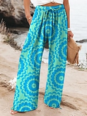 cheap Women's Bottoms-Women's Faux Cotton Linen Wide Leg Chinos Summer Pants Vacation Fashion Streetwear Full Length Mid Waist Floral Graphic Abstract Pocket Elastic Waist Print Comfy Comfort Breathability Inelastic Daily