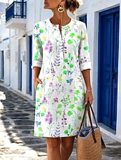  Dames Knielengte jurk Casual jurk Vakantie Vintage Casual Feestdagen Normale pasvorm Bloemig Grafisch Lange mouw V-hals blauw Paars Oranje Groen Zomer Lente