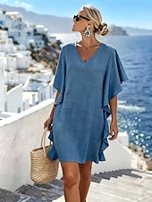 preiswerte Lässige Blumenkleider-Damen Knielanges Kleid Shiftkleid Freizeitkleid Jeanskleid Mode Klassisch Täglich Outdoor Urlaub Lässiger Schnitt Einfach Kurzarm V Ausschnitt Magenta Schwarz Braun Khaki Sommer Frühling