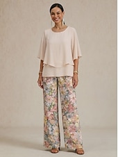 ieftine Costume de bluză de damă-Set pantaloni largi din șifon cu imprimeu floral pentru femei, pentru nunți și ocazii elegante