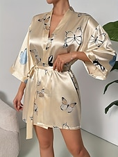 cheap Women's Robes-Women's Loungewear Robe Nightgown Fashion Casual Graphic Butterfly Satin Silky Pajamas Pyjamas Patchwork Dress Home Vacation Half Sleeve V Neck Champagne Summer Spring Regular Fit Loose Fit