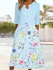  Per donna Insieme del vestito Abito Midi Abito a trapezio Elegante Casual Floreale Grafico Stratificato Stampato Abito Midi Mezza Manica Scollo a V Quotidiano Blu Giallo Rosa Estate Primavera