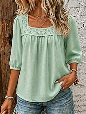  Women's Linen-feel Shirts Blouse Lace Trim Solid Color Daily Stylish Basic 3/4 Length Sleeve Square Neck Regular Tops Casual Daily Blue White Pink Navy Blue Green Summer Spring Fall