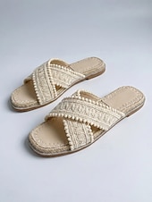 economico Infradito scivolosi-Sandali da donna stile boho color crema all'uncinetto - comode espadrillas intrecciate con cinturini incrociati &amp;Dettaglio con pon-pon per vacanze al mare e resort estivi &amp;viaggi sull'isola