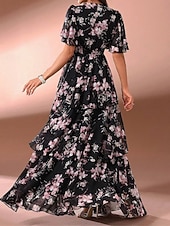 baratos Vestidos de chiffon-Mulheres Vestido Longo Vestido de chiffon Vestido casual Vestido floral Elegante Moda Moderno Ao ar livre Férias Para Noite Normal Floral Manga Curta Decote V Preto Rosa Verão Primavera