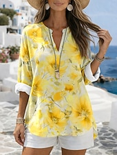 Χαμηλού Κόστους Λουλουδάτες μπλούζες-Γυναικεία Μπλούζα Στάμπα Φλοράλ Γραφική Βίντατζ Καθημερινά Στυλάτο Μακρυμάνικο Λαιμόκοψη V Κανονικά μπλουζάκια Causal Καθημερινά Αργίες Θαλασσί Κίτρινο Βυσσινί Πορτοκαλί Καλοκαίρι Άνοιξη