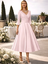 preiswerte Cocktailkleider-A-Linie Tee-Länge Cocktailkleider Partykleider Elegant Vintage Übergröße Dreiviertelarm V Ausschnitt Hochzeitsgast Satin mit Falten