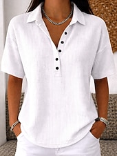  Túnica Waffle Feminina Botões Sólido Cor Simples Vintage Estilosa Clássica Manga Curta Gola Virada Tamanhos Regulares Diários Branco Rosa Azul Claro Verão Primavera