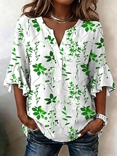 baratos Blusas Florais-Mulheres Blusa Frufru Imprimir Floral Gráfico Férias Diário Retro Vintage Manga 3/4 Decote V Tops longos Casual Diário Feriado Azul Vermelho Roxo Verde Verão Primavera