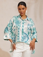 voordelige Blouses &amp;amp; Shirts-celadon bloom story zijdezacht satijnen shirt met vleermuismouwen