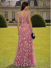 cheap A-Line Evening Dresses-A-Line Floor Length Evening Gown Formal Dress Elegant Floral Sleeveless V Neck Garden Party Wedding Lace with Embroidered Flower Slit Embroidery