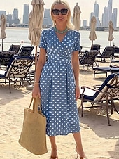 economico Abiti casual floreali-Per donna Abito Midi Vestito Estivo Abito Estivo Vacanza Casual Boho Quotidiano Abito Estivo Abito Primaverile Vestibilità regolare Grafico A Pois Manica Corta Scollo a V Blu Estate Primavera