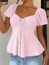 abordables T-shirt uni-Femmes Chemisier Cordon de serrage Œillet Couleur Unie Élégant Sexy Occasionnel Manche Courte Col carré Hauts Réguliers Quotidien Noir Blanche Jaune Rose Claire Bleu Ciel Été Printemps