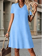 abordables Robe blanche-Femmes Robe Longueur Genou Robe Décontractée Robe T-Shirt Robe d'été Basique Classique Quotidien Vacances Coupe régulière Uni Manche Courte Col en V Bleu Vert foncé Orange Vert Été Printemps