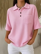 cheap Plain tee-Women's Waffle Shirt Summer Tops Pocket Buttons Solid Color Vintage Stylish Sleeveless Half Sleeve Polo Collar Regular Tops Casual Daily Outdoor Yellow Pink Red Green Summer Spring Fall