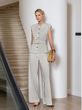 cheap Semi-formal / Cocktail-Striped Print Two Piece Pantsuit Mother of the Bride Pantsuit Classic Simple Minimalist Crew Neck Floor Length Metal Buttons Sleeveless with Sash / Ribbon
