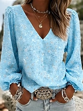 ieftine Bluze florale-Pentru femei Cămașă Cămașă Boho Floral Grafic Elegant Boemia Vacanță Manșon Lung În V Topuri obișnuite Casual Zilnic Concediu Albastru piscină Roz Îmbujorat Mov Trifoi Vară Primăvară
