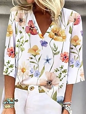 billige Blomstrete bluser-Dame Bluse Trykt mønster Blomstret Grafisk Elegant Stilfull Fritid 3/4 ermer V-hals Vanlige topper Avslappet Daglig Ut på byen Blå Hvit Gul Grønn Sommer Vår Høst