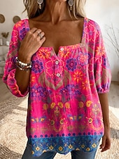 economico Bluse Floreali-Per donna Blusa Stampato Floreale Grafico Quotidiano Elegante Casual Mezza Manica Collo quadrato Top Regolari Casuale Quotidiano Blu Giallo Rosso Viola Estate Primavera