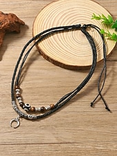 cheap Men's Jewelry-Men's Bohemian Style Double-Layer Necklace, Alloy &amp; Leather Cord Mixed Material, Crescent Moon Pendant, Adjustable, Perfect for Beach Vacation, Daily Casual Wear