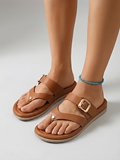 baratos Sandálias Confortáveis-Sandálias femininas marrons de dedo com fivela ajustável – chinelos confortáveis com amortecimento, rasteirinhas de verão respiráveis de bico aberto para praia, férias e viagens. &amp;uso diário