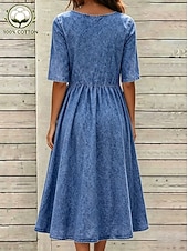  Damen-Midikleid aus 100 % Baumwolle, gewaschenes Kleid, lässiges T-Shirt-Kleid, Basic-Kleid, klassisch, für Alltag und Urlaub, normale Passform, einfarbig, halblange Ärmel, Rundhalsausschnitt, blau, Sommer/Frühling