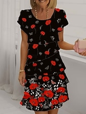 abordables Robes en chiffon-Femmes Mini Robe Robe Décontractée Robe en Chiffon Robe Fleurie Élégant Mode Moderne Extérieur Vacances Sortir Coupe régulière Fleuri Manche Courte Col ras du cou Noir Blanche Jaune Rose Claire Ét