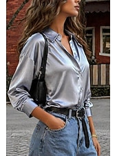 abordables Blusas Elegantes-Mujer Camisa Top de satén Blusa Tops elegantes Frunce Botones En Cortina Color sólido Plano Elegante Vintage damas Manga Larga Cuello Camisero Tops regulares Casual Diario Trabajo Plata Champaña