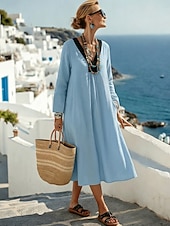 preiswerte Einfaches Kleid-Damen Midikleid Strandkleid Freizeitkleid Schwingkleid Kleid aus Leinenimitat Elegant Mode Modern Outdoor Urlaub Ausgehen Lässiger Schnitt Farbblock Langarm V Ausschnitt Blau Purpur Sommer Frühling