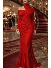 economico Abiti da Sera Sirena-Sirena Tromba Lunghezza al pavimento Abito da Sera Elegante Abito da sera stile impero Manica Lunga Collo Alto Festa serale Matrimonio Raso Elasticizzato con Pieghe Tinta unita