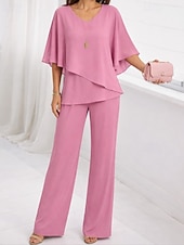 cheap Women's Blouse Suits-Women's Blouse Wide Leg Pants 3/4 Length Sleeve V Neck Plain Ruffle Fashion Streetwear Daily Casual Daily Pink Purple Khaki Spring &amp;  Fall Regular Fit