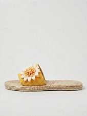 ieftine Sandale tip slide-Sandale galbene pentru femei cu imprimeu floral și frânghie împletită - sandale de plajă plate și confortabile, cu detalii de floarea soarelui, pentru vacanțe de vară, escapade pe insulă &amp;ținute