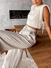 Недорогие Наборы-Women's Cotton Linen Sets Two Piece Sets Camis Sleeveless Crew Neck Plain Vacation Fashion Streetwear Casual Daily Outdoor Orange Brown Green Summer Regular Fit