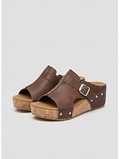 baratos Sandálias plataforma anabela-Sandálias femininas pretas de plataforma com tachas - modelo casual com fivela e sola de cortiça, ideais para passeios no parque, brunch, compras e encontros em terraços.