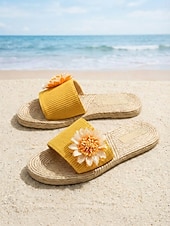 ieftine Sandale tip slide-Sandale galbene pentru femei cu imprimeu floral și frânghie împletită - sandale de plajă plate și confortabile, cu detalii de floarea soarelui, pentru vacanțe de vară, escapade pe insulă &amp;ținute