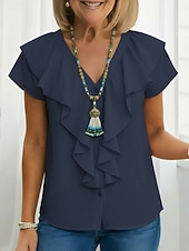 Χαμηλού Κόστους Επίσημες Μπλούζες-Γυναικεία Πουκάμισο Μπλούζα Με Βολάν Σκέτο Ενεργό Στυλάτο Αμάνικο Λαιμόκοψη V Κανονικά μπλουζάκια Καθημερινά ΕΞΩΤΕΡΙΚΟΥ ΧΩΡΟΥ Αργίες Μαύρο Λευκό Κρασί Σκούρο πράσινο Σκούρο μπλε Καλοκαίρι Άνοιξη