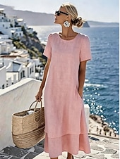 economico Vestito Semplice-Per donna Abito Midi Vestito Casual Vestito T-Shirt Abito Estivo Essenziale Classico Quotidiano Vacanza Vestibilità comoda Semplice Manica Corta Girocollo Blu Bianco Rosa Cachi Estate Primavera