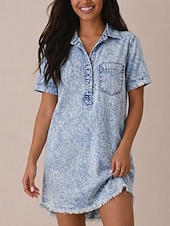 ieftine Rochie simplă-Rochie de damă până la genunchi, spălată, 90% bumbac, vintage, casual, mânecă scurtă, guler cămașă, albastru, negru, roz, vară, primăvară