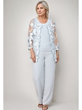 cheap Mom's Pant Suits-Jumpsuit Pantsuit 3 Piece Floor Length Mother of the Bride Dress Long Sleeve Crew Neck Elegant Formal Wedding Guest Chiffon Wrap Included with Lace Embroidery