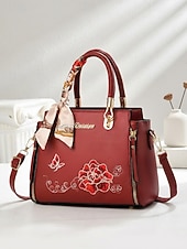 Χαμηλού Κόστους Τσάντακι &amp; Totes-Γυναικεία τσάντα χειρός με κέντημα και λουλούδι, με διακοσμητικό κασκόλ, από συνθετικό δέρμα, σε πολλά χρώματα, κομψό, casual στυλ, ιδανική για καθημερινή χρήση, γραφείο και κοινωνικές συγκεντρώσεις.